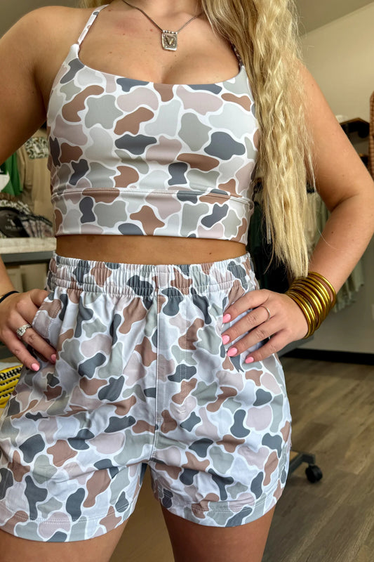 Multicolour Camouflage Printed Cropped Tank Athleisure 2pcs Short Set