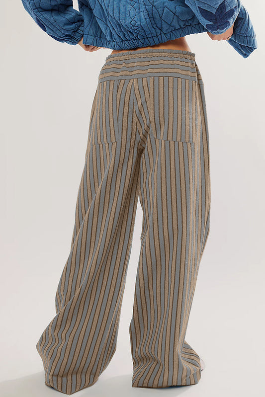 Khaki Stripe Button Pocket Tie Waist Casual Wide Leg Pants