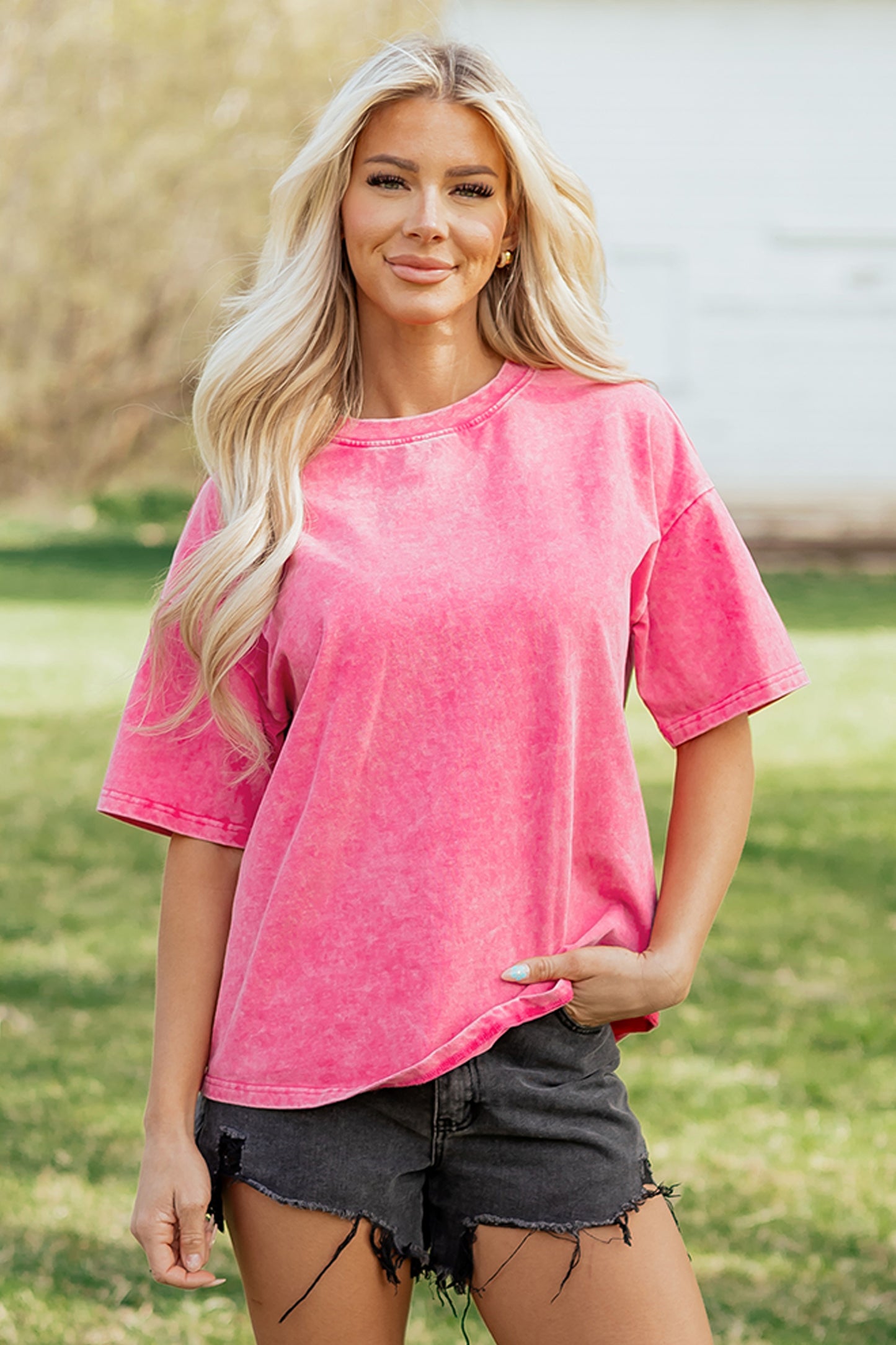 Sachet Pink Solid Color Cotton Mineral Washed Oversize Tee